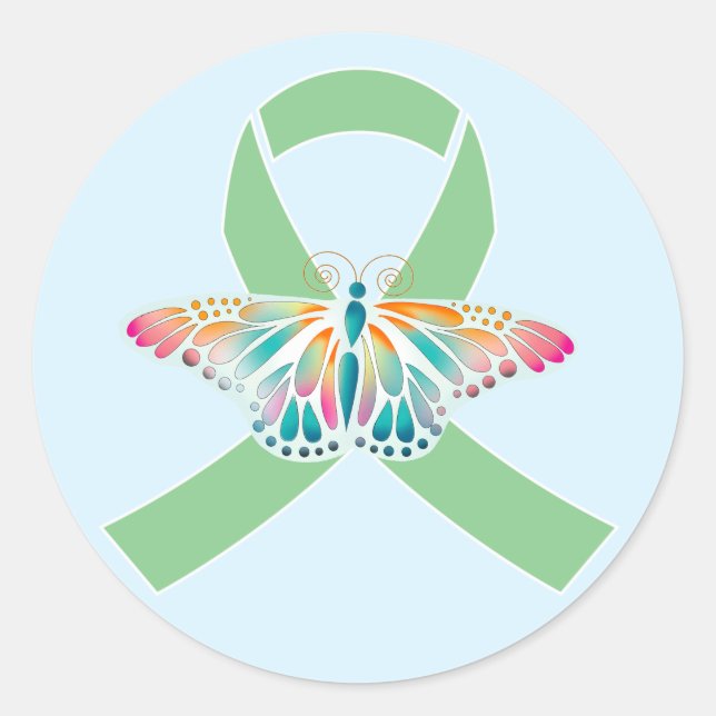 Transplant Care Green Ribbon Butterfly   Classic Round Sticker (Front)