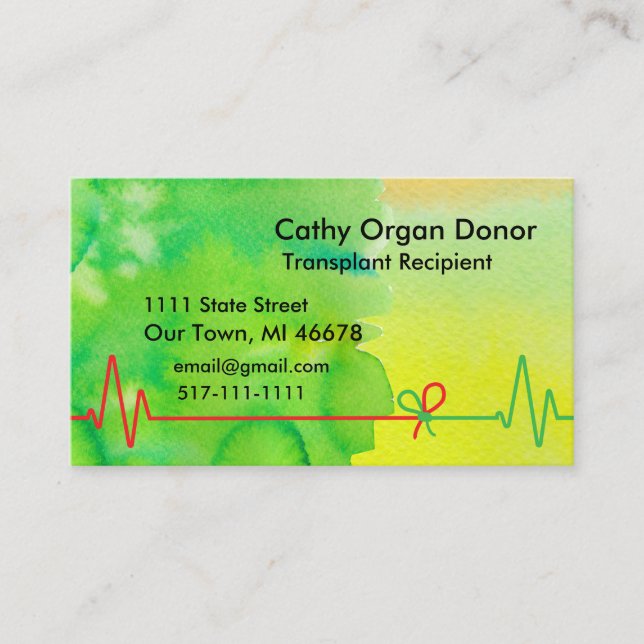 Transplant Recipient Green Yellow Watercolor Business Card (Front)