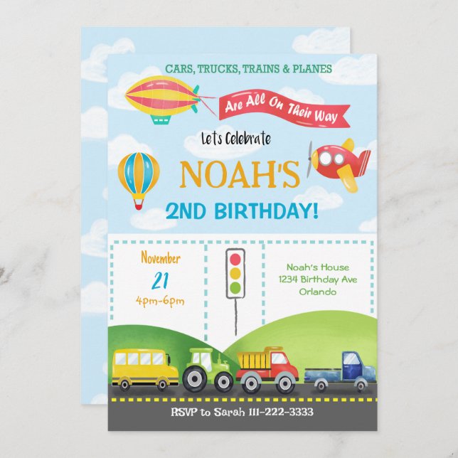 Transport Aeroplane Bus Balloon Birthday Invitatio Invitation (Front/Back)