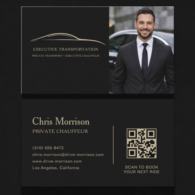 Transport Car QR Code Photo Black & Gold Business Card (Creator Uploaded)