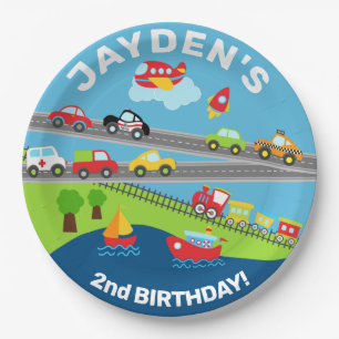 Transport vehicles boy birthday editable plate. paper plate
