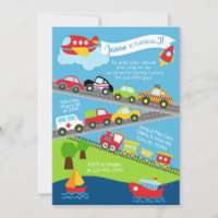Transport vehicles boy birthday invitation.