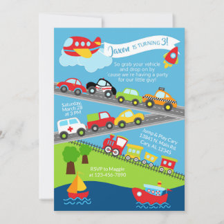Transport vehicles boy birthday invitation. invitation