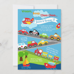 Transport vehicles boy birthday invitation. invitation