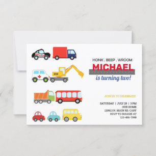 Transport vehicles, cars & trucks, boy birthday. invitation