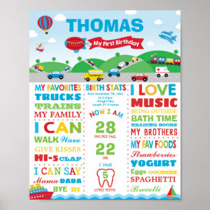 Transportation 1st Birthday Milestone Birth Stats Poster