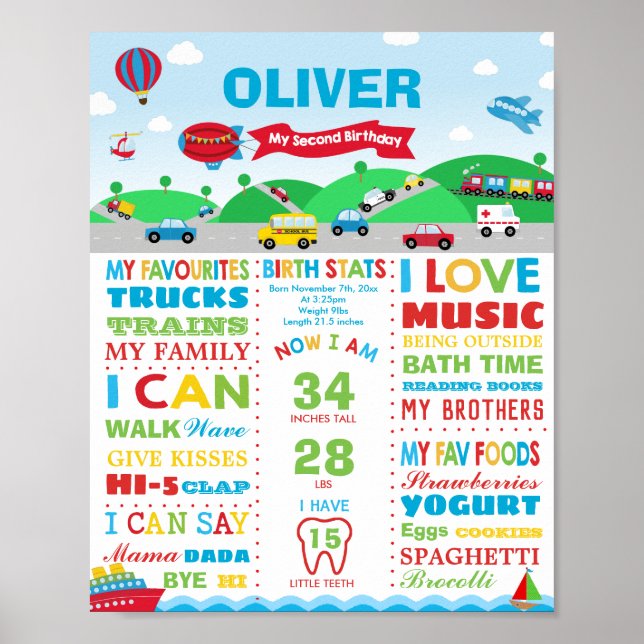 Transportation 2nd Birthday Milestone Birth Stats Poster (Front)