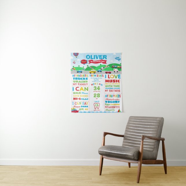 Transportation 2nd Birthday Milestone Birth Stats Tapestry (In Situ)