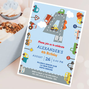Transportation 4th Birthday Party Invitation