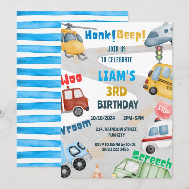 Transportation Aeroplane Helicopter Bus Birthday Invitation (Front/Back)