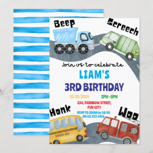 Transportation Beep Screech Woo Boy Blue Birthday Invitation