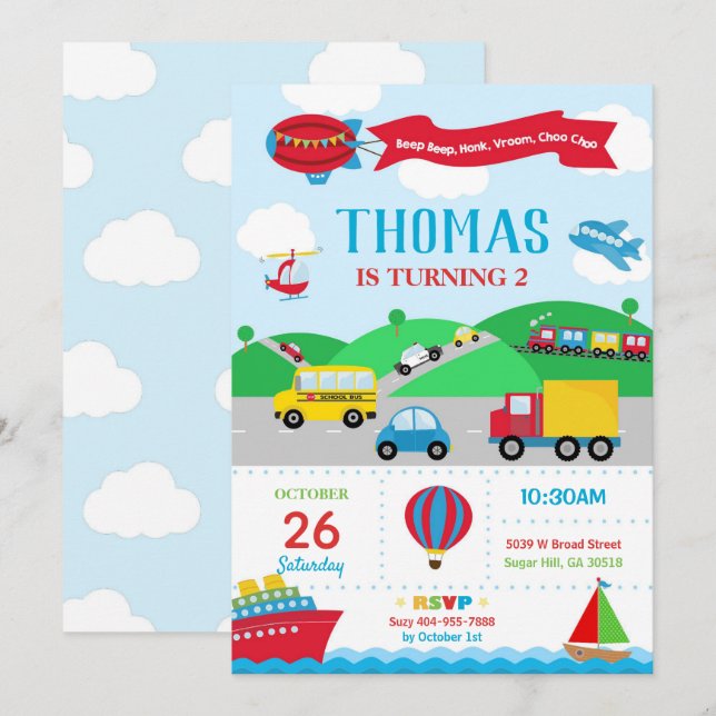 Transportation Birthday Invitation Boy (Front/Back)