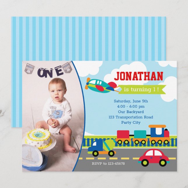 Transportation Birthday Invitations with Photo (Front/Back)