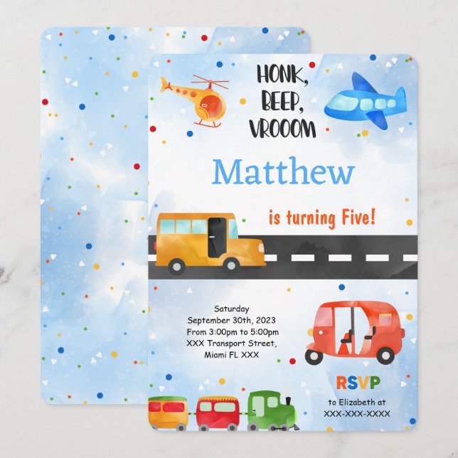 Transportation Birthday Party Invitation (Front/Back)
