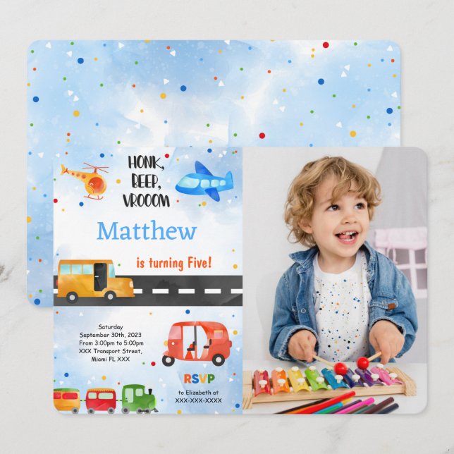 Transportation Birthday Party Photo Invitation (Front/Back)