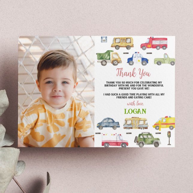 Transportation Birthday Party Photo Thank You Card (Creator Uploaded)