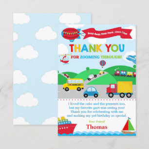 Transportation Birthday Party Thank You Card