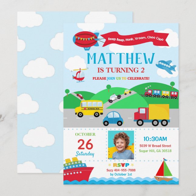 Transportation Birthday Photo Invitation Boy (Front/Back)