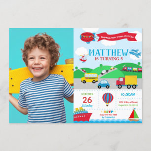 Transportation Birthday Photo Invitation Boy