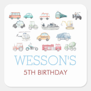 Transportation Birthday sticker, Classic Round Sti Square Sticker