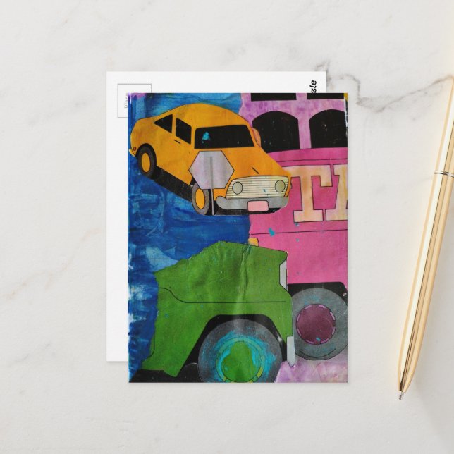 Transportation bright colors mixed media collage postcard (Front/Back In Situ)