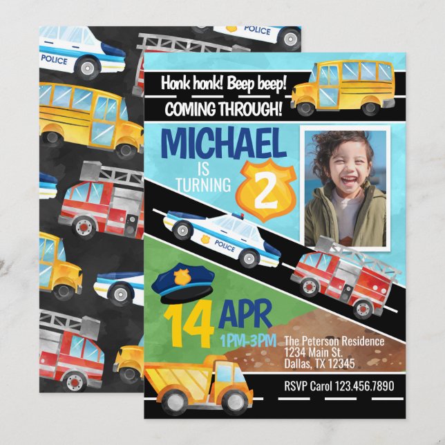 Transportation Car Truck Birthday Party Invitation (Front/Back)