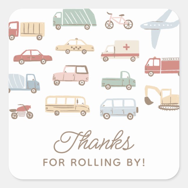 Transportation Cars and Trucks Boy Birthday Party Square Sticker (Front)