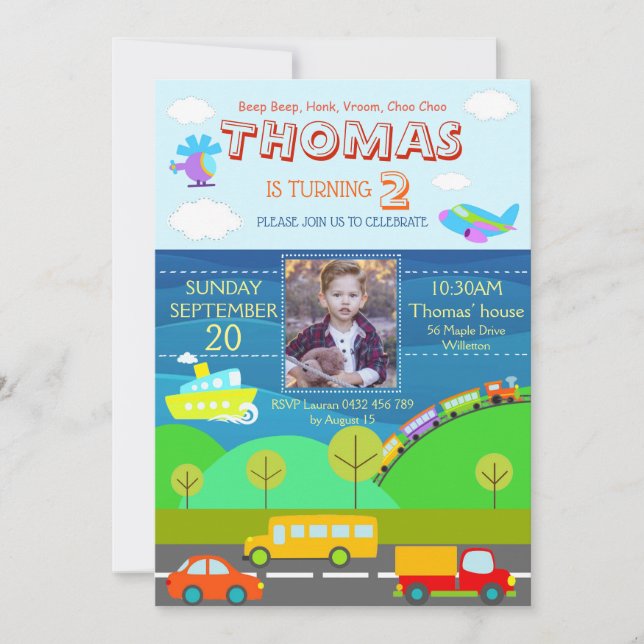 Transportation Cartoon Personalise Birthday RSVP Invitation (Front)