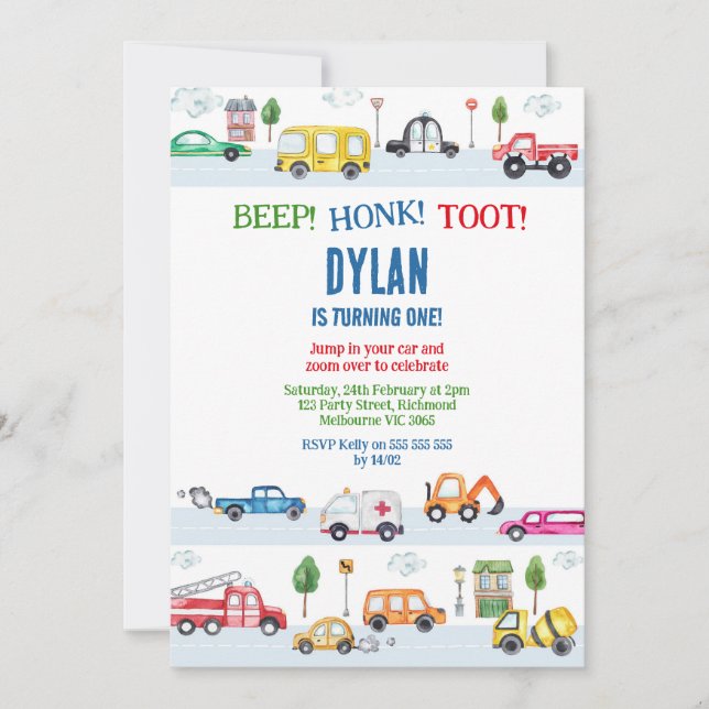 Transportation City Cars and Truck Boy Birthday Invitation (Front)