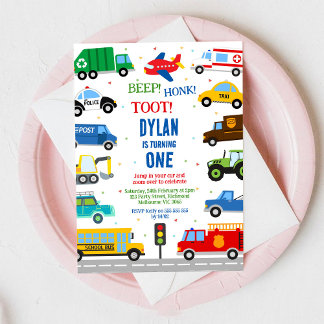 Transportation City Cars and Truck Boy Birthday Invitation