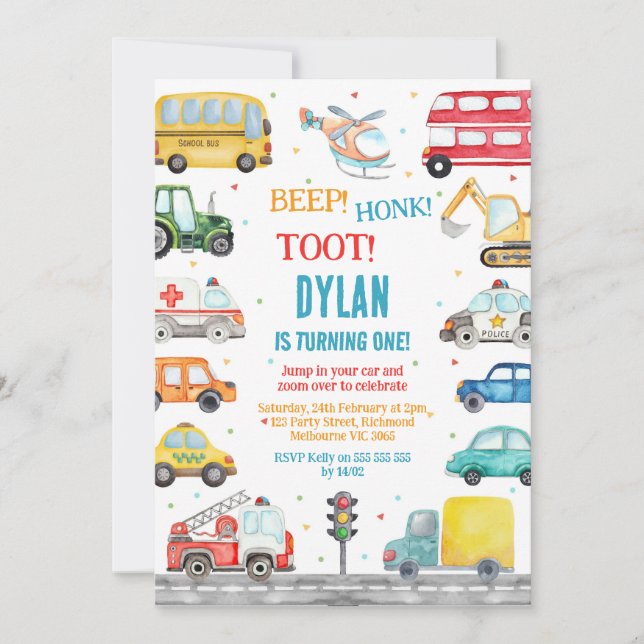Transportation City Cars and Truck Boy Birthday Invitation (Front)