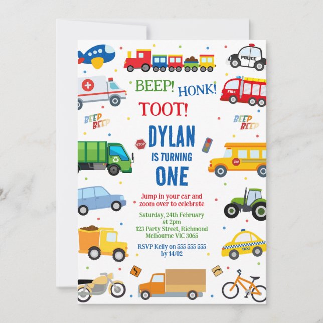 Transportation City Cars and Truck Boy Birthday Invitation (Front)