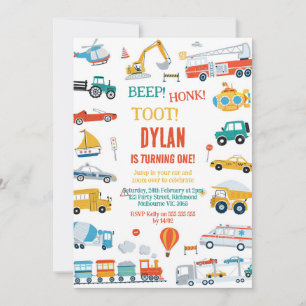 Transportation City Cars and Truck Boy Birthday Invitation