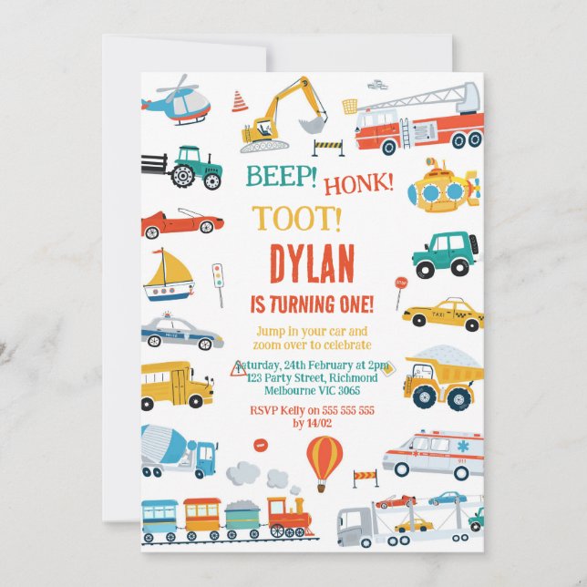 Transportation City Cars and Truck Boy Birthday Invitation (Front)