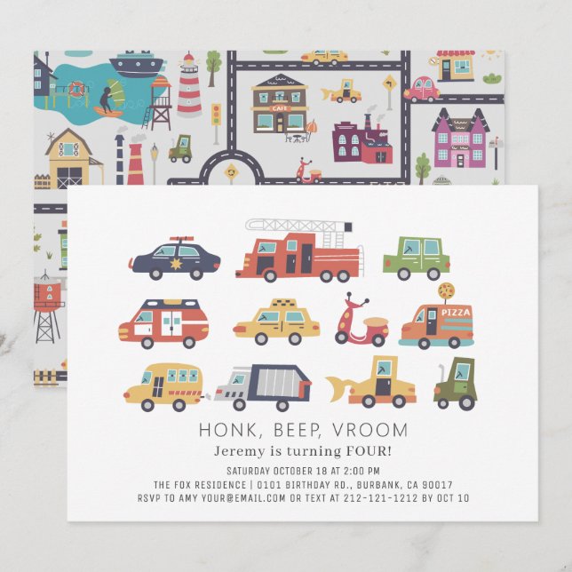 Transportation City Cars & Trucks Birthday Invitation (Front/Back)