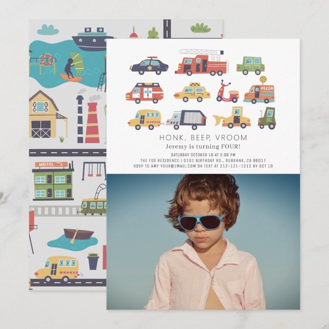 Transportation City Cars Trucks Photo Birthday Invitation (Front/Back)