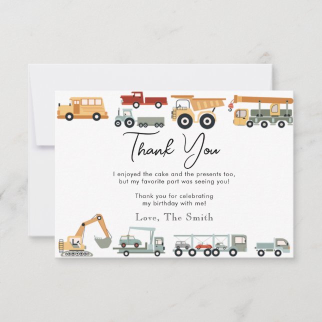 Transportation City Truck Birthday Thank You Card (Front)
