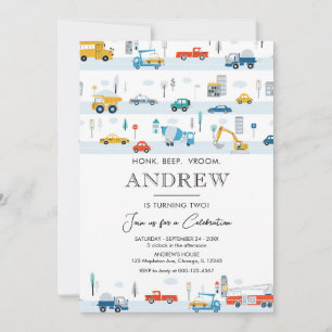 Transportation Trucks and Cars Boy Birthday Invitation