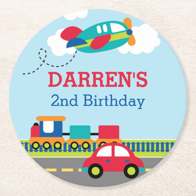 Transportation / Vehicle Boys Birthday Round Paper Coaster (Front)