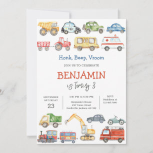 Transportation Vehicle Kids Birthday Invitation