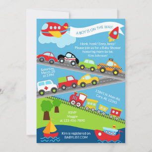 Transportation vehicles boy baby shower invite. invitation