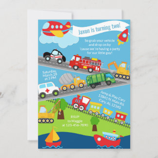 Transportation vehicles boy birthday invite. invitation