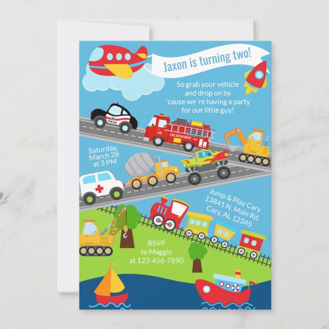 Transportation vehicles boy birthday invite. invitation (Front)
