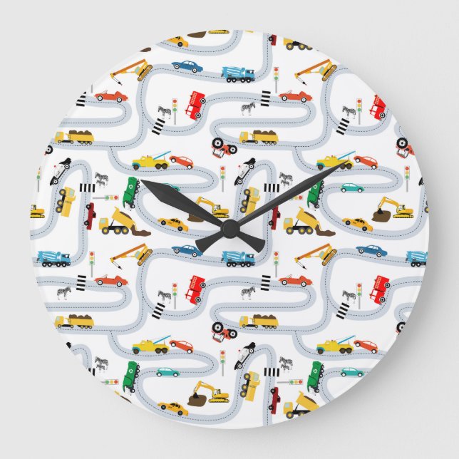 Transportation Vehicles Cars Trucks Road Boys Large Clock (Front)