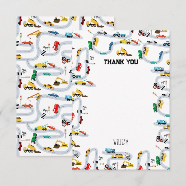 Transportation Vehicles Cars & Trucks Road Kids Thank You Card (Front/Back)