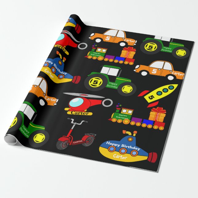 Transportation w/Personalised Name & Age Birthday Wrapping Paper (Unrolled)