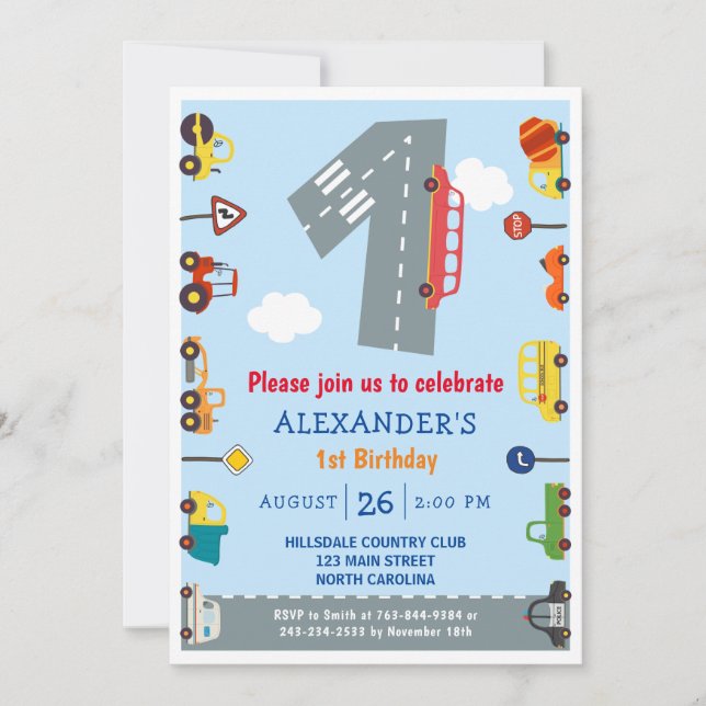 Transportations 1st Birthday Cars Party Invitation (Front)