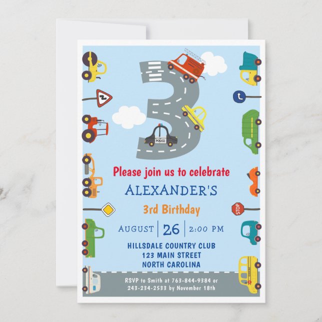 Transportations 3rd Birthday Party Invitation (Front)