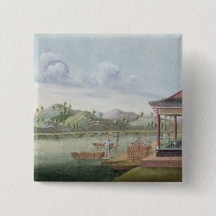 Transporting crates of tea (w/c on paper) 15 cm square badge