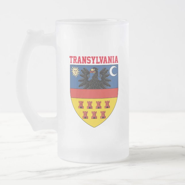 Transylvania coat of arms frosted glass beer mug (Left)